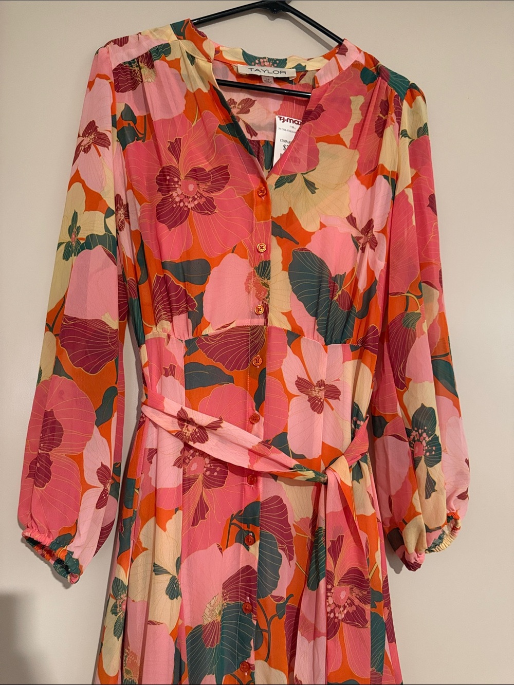 Taylor Pink Multicolor Floral Long-Sleeve Midi Dress